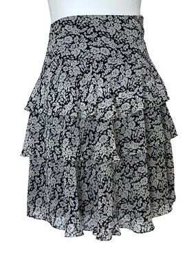 Ralph Lauren Navy 100% Silk Tiered Floral Knee Length Skirt. M/L 10. Cottagecore